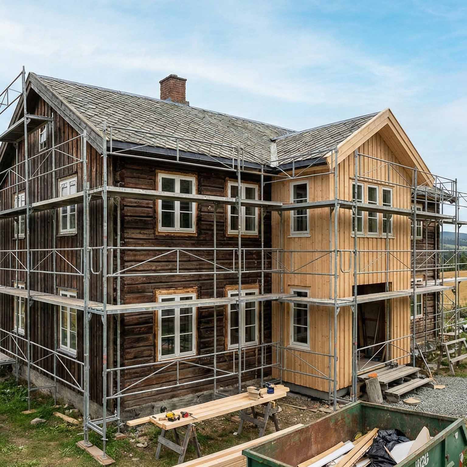 Stort trehus under rehabilitering med oppstilt stillas.