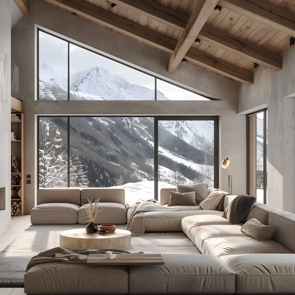 Moderne stue med store vinduer og utsikt mot snødekte fjell.